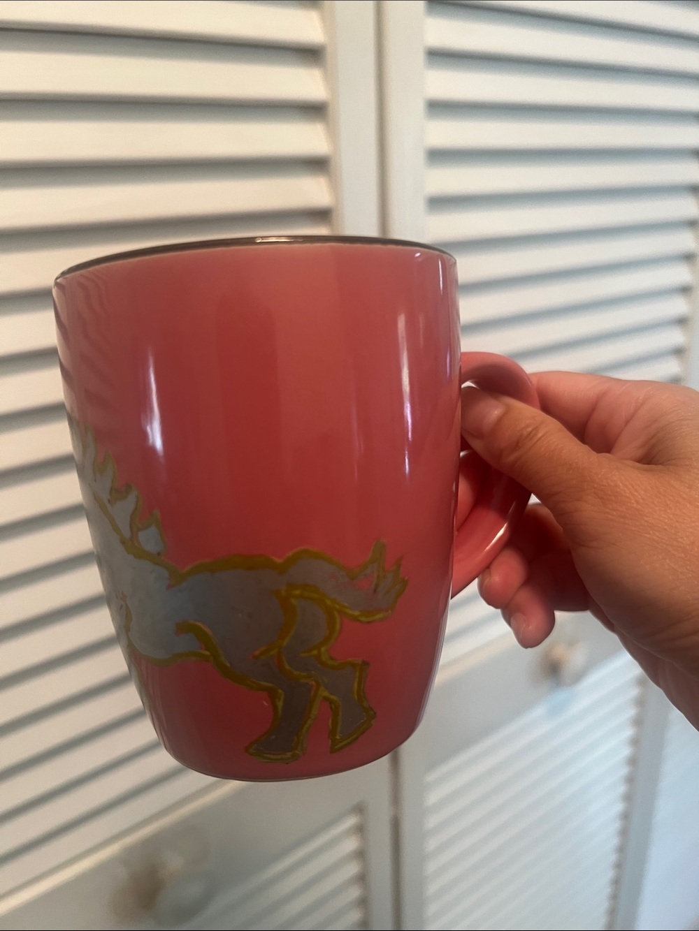 #3065**Pink Ceramic “WHT Horse & Horseshoe Art Accent Mug by Julie Lee